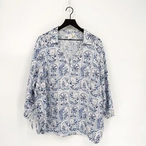 C&C California Linen Coastal Stamped Tiles Delft Blouse Top 2X